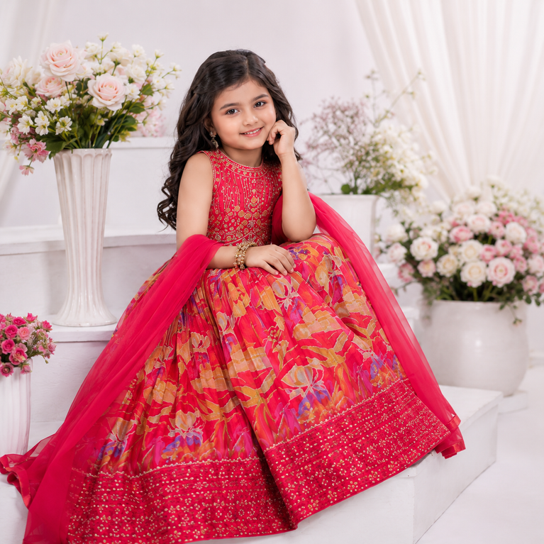 Girls Floral Printed Embroidered Lehenga Choli Set with Dupatta – Pink & Red Festive Ethnic Wear