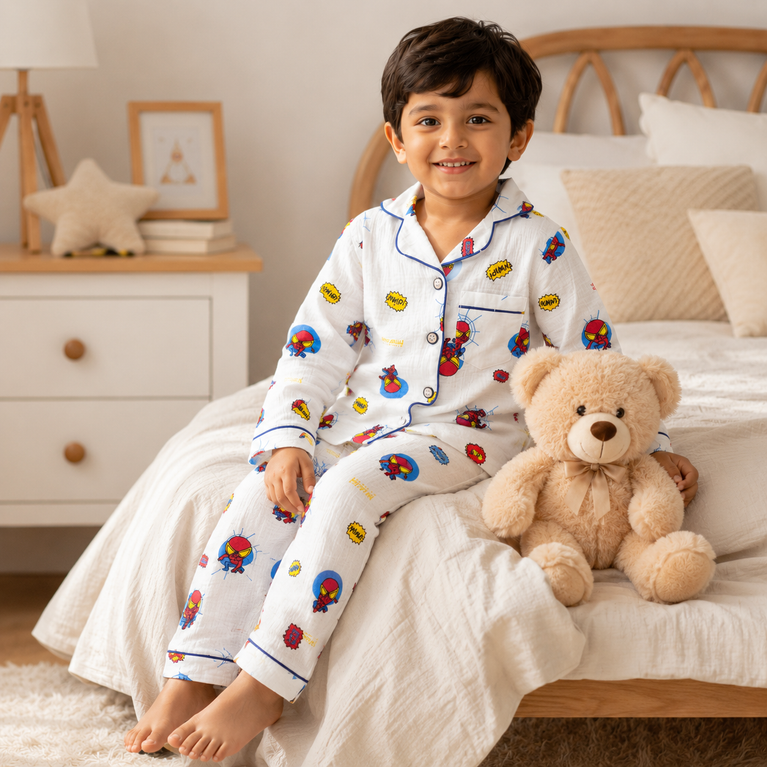 Spider-Man Print Cotton Night Suit Set with Full Sleeve Shirt &amp; Pyjama | White