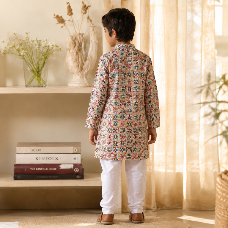 Multicolor Patchwork Print Mandarin Collar Kurta with Denim Pants Set