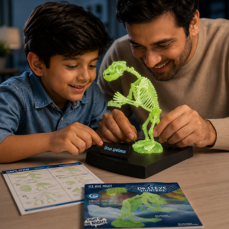 Glow-in-the-Dark Cave Bear Skeleton Model Kit for Kids | 14-Piece STEM Educational Toy