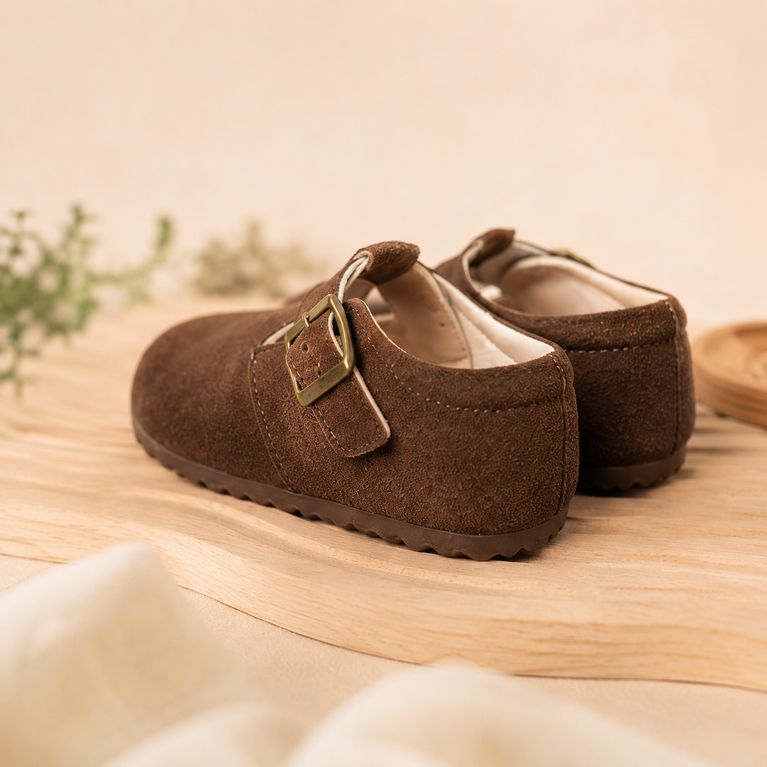 Kids Brown Suede Buckle Casual Shoes | Soft Comfortable Toddler & Boys Slip-On Shoes