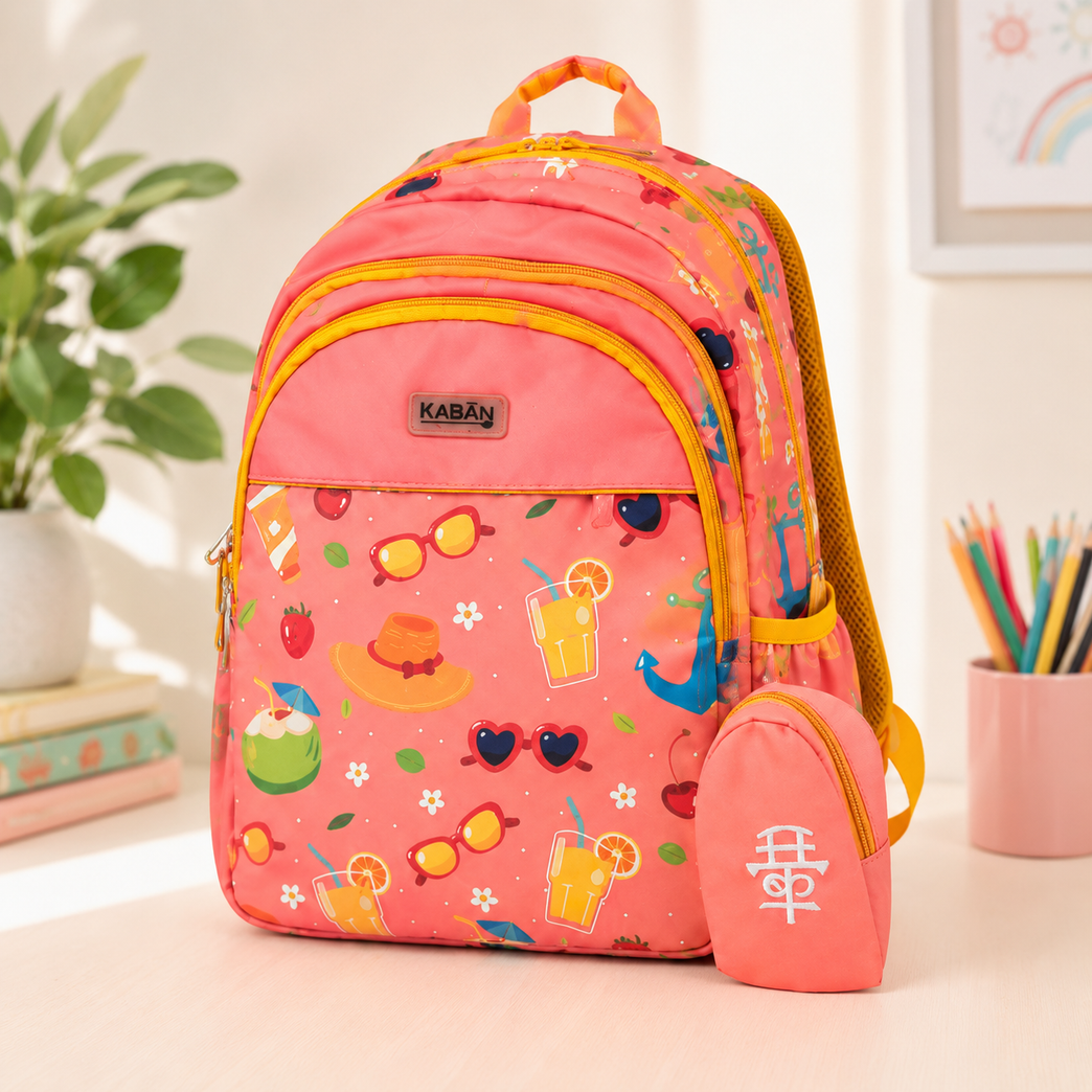 Kids Tropical Print School Backpack with Padded Straps 15 inchs ; Multiple Compartments | Coral Pink