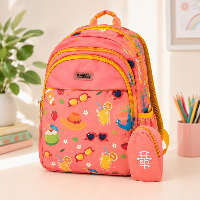 Kids Tropical Print School Backpack with Padded Straps 15 inchs ; Multiple Compartments | Coral Pink