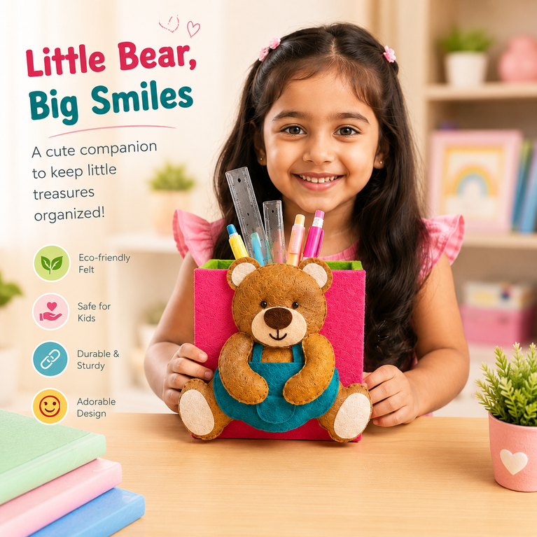 Handmade Teddy Bear Felt Pen Holder &amp; Desk Organizer for Kids | Cute Stationery Storage Box | Pencil Stand for Study Table