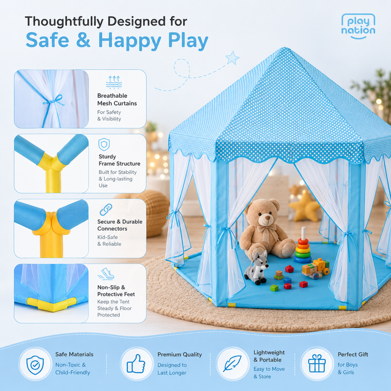 Premium Kids Princess Play Tent House with Mesh Curtains &amp; Spacious Indoor Play Area – Blue Fantasy Castle Tent for Boys &amp; Girls