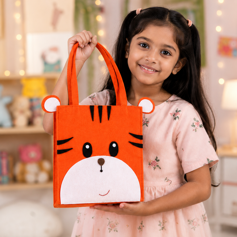 Tiger Face Felt Kids Tote Bag | Cute Reusable Storage & Gift Bag for Kids