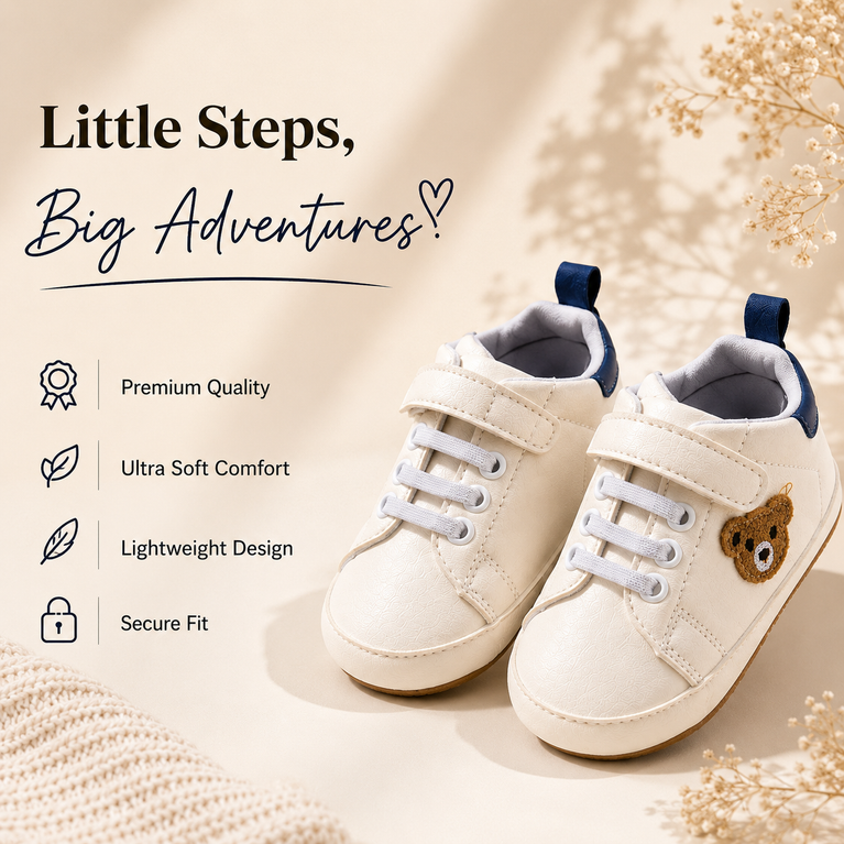 Tiny Steps Teddy Baby Sneakers – Soft Sole Velcro Walking Shoes for Infants & Toddlers