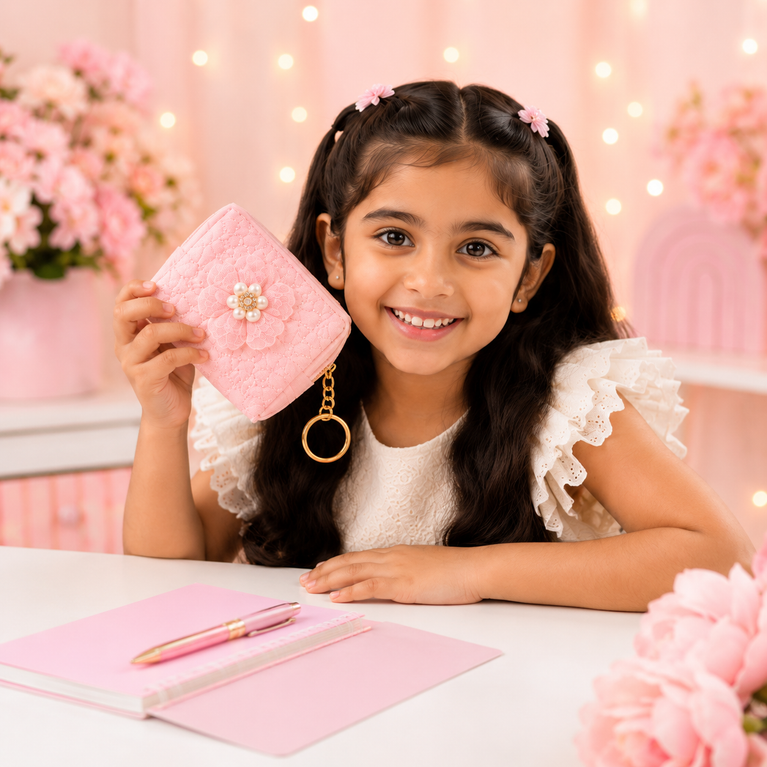 Floral Quilted Coin Purse Girls | Mini Zipper Wallet with Pearl Flower Charm, Keychain Ring | Cute Cash, Coin & Earbuds Pouch (Multi-Color)