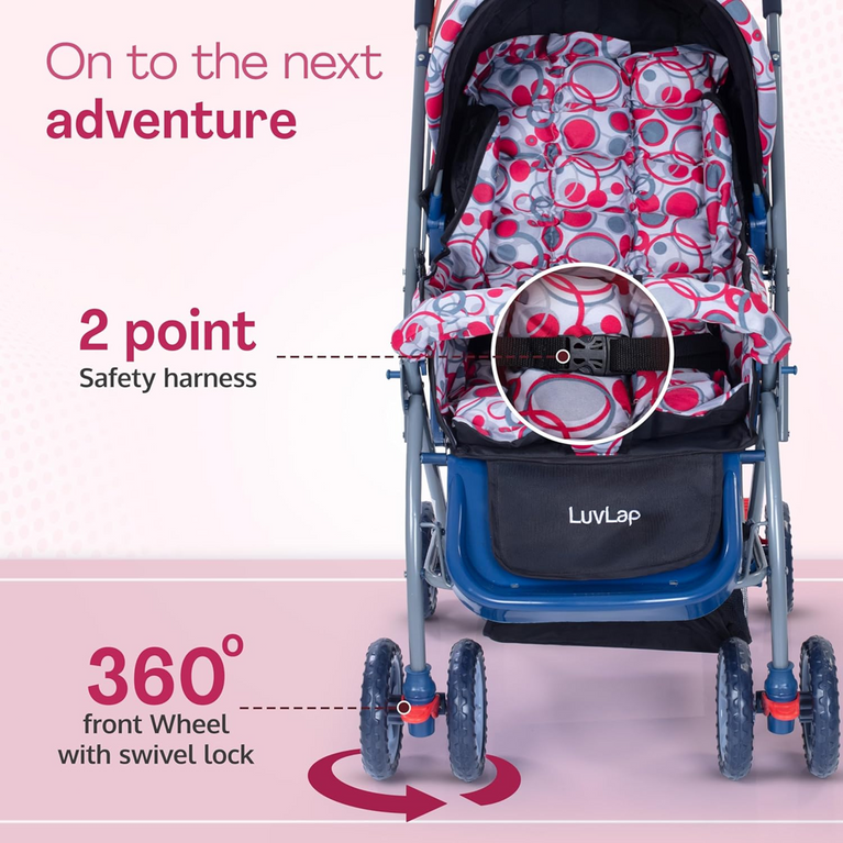Premium Baby Stroller for Infants & Toddlers – Foldable Lightweight Pram with Safety Harness, Storage Basket & Canopy | Pink Bubble Print