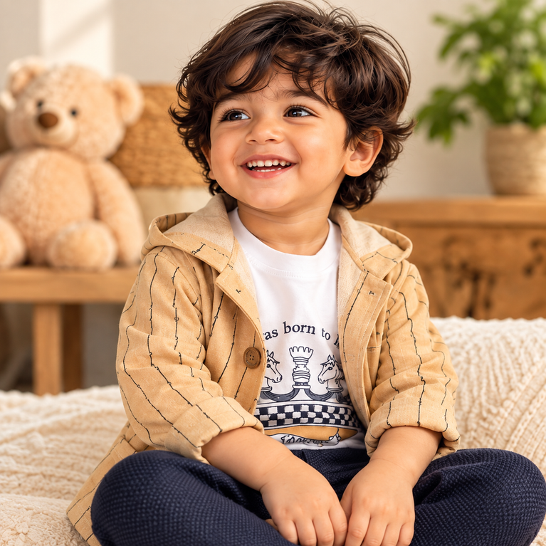 Mustard Hooded Jacket, T-Shirt & Navy Pants Set for Boys | Stylish Kids Outfit