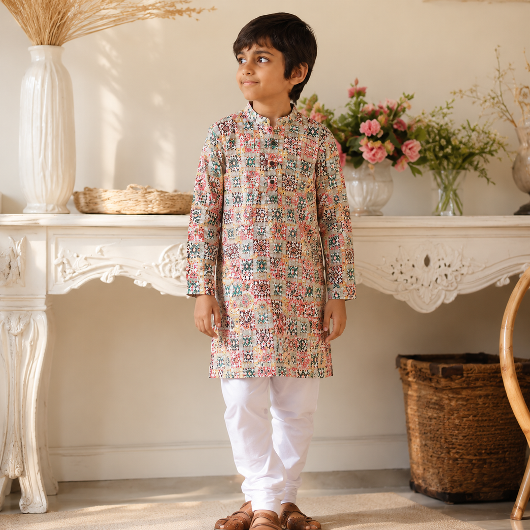 Multicolor Patchwork Print Mandarin Collar Kurta with Denim Pants Set