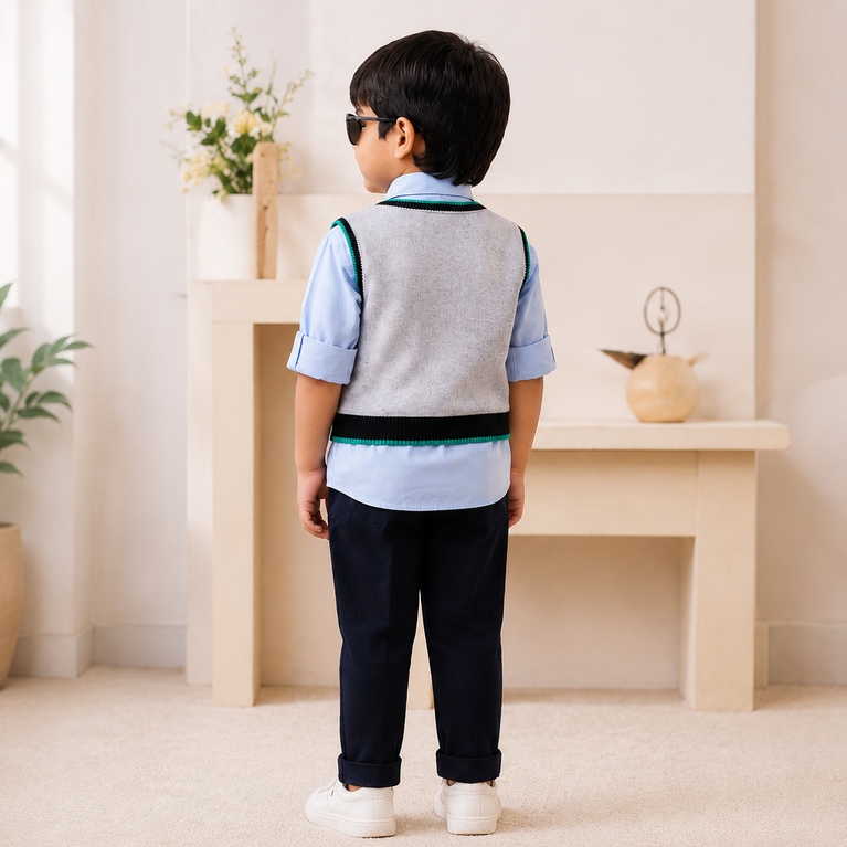 Boys Grey Sweater Vest Set with Shirt & Trousers