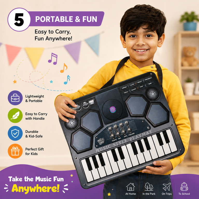 Musical Piano Playmat with Microphone | Touch-Sensitive Music Mat | Electronic Keyboard & Drum Play Mat