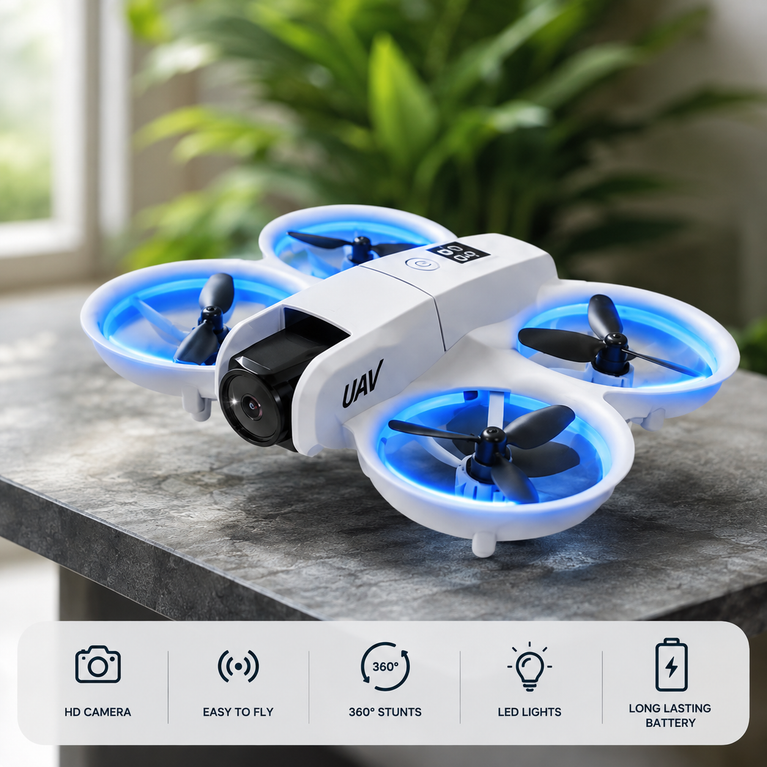 Mini Drone for Kids with HD Camera, LED Lights & 360° Stunts | Foldable RC Quadcopter | White