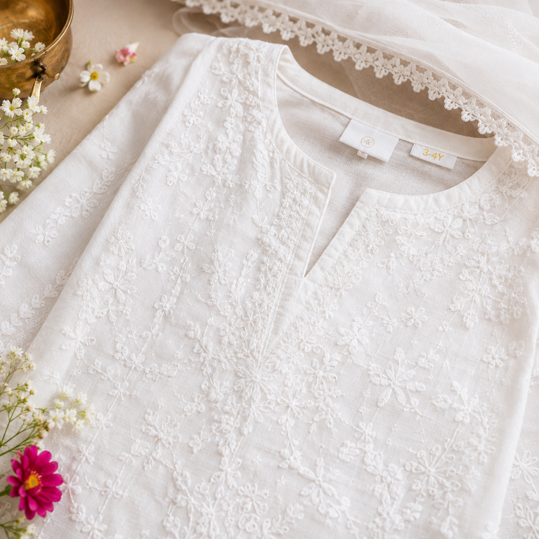 White Chikankari Embroidered Kurta Palazzo Set with Dupatta | Ethnic Wear for Kids