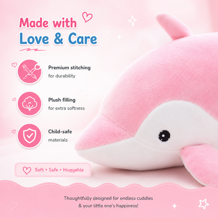 Nino’s Soft Pink Dolphin Plush Toy – Ultra-Cuddly Ocean Animal Stuffed Pillow for Kids
