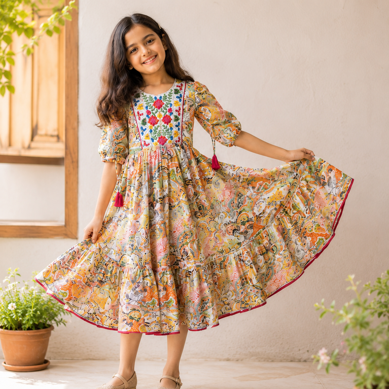 Floral Embroidered Printed Ethnic Maxi Dress with Tassel Sleeves | Festive &amp; Party Wear
