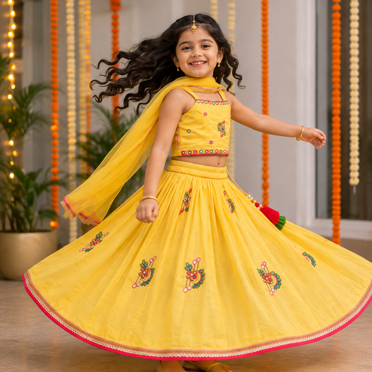 Yellow Embroidered Lehenga Choli with Dupatta | Kids Ethnic Wear