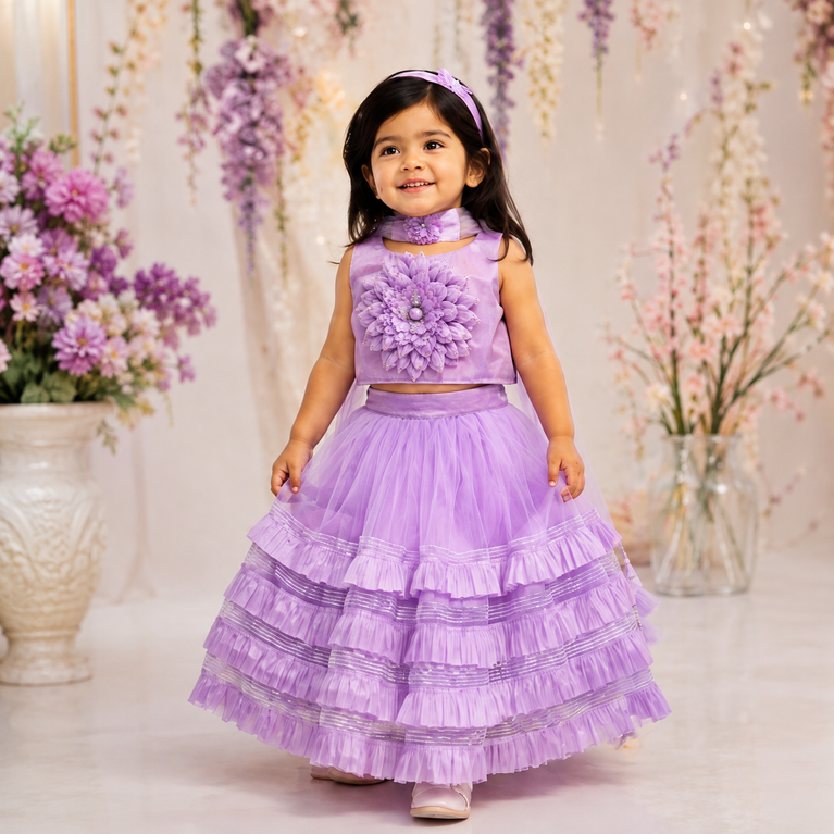 Lavender Floral Lehenga Choli Set with Layered Ruffle Skirt & Net Dupatta