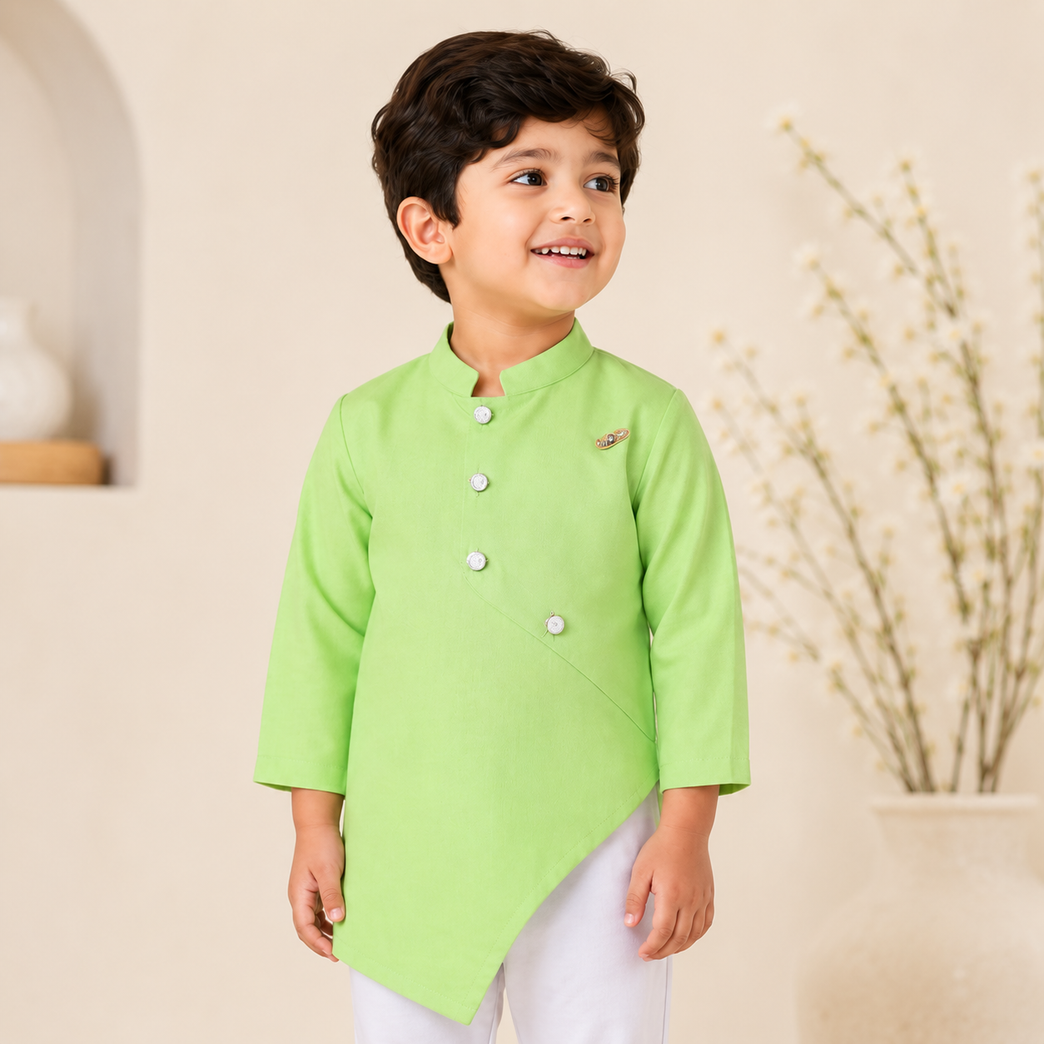 Ninos Boys Cotton Full Sleeves Festive Multidesign Party Kurta Pyjama Set- L Green
