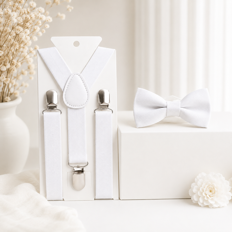 Premium Kids White Suspender & Bow Tie Set – Adjustable Y-Back Formal Braces for Boys & Girls