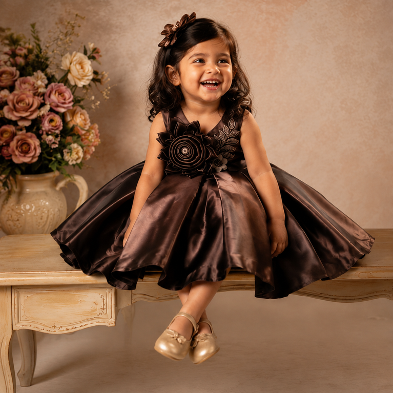 Chocolate Brown Satin Floral Party Dress