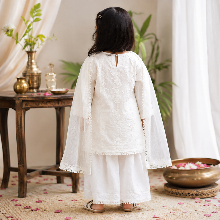 White Chikankari Embroidered Kurta Palazzo Set with Dupatta | Ethnic Wear for Kids
