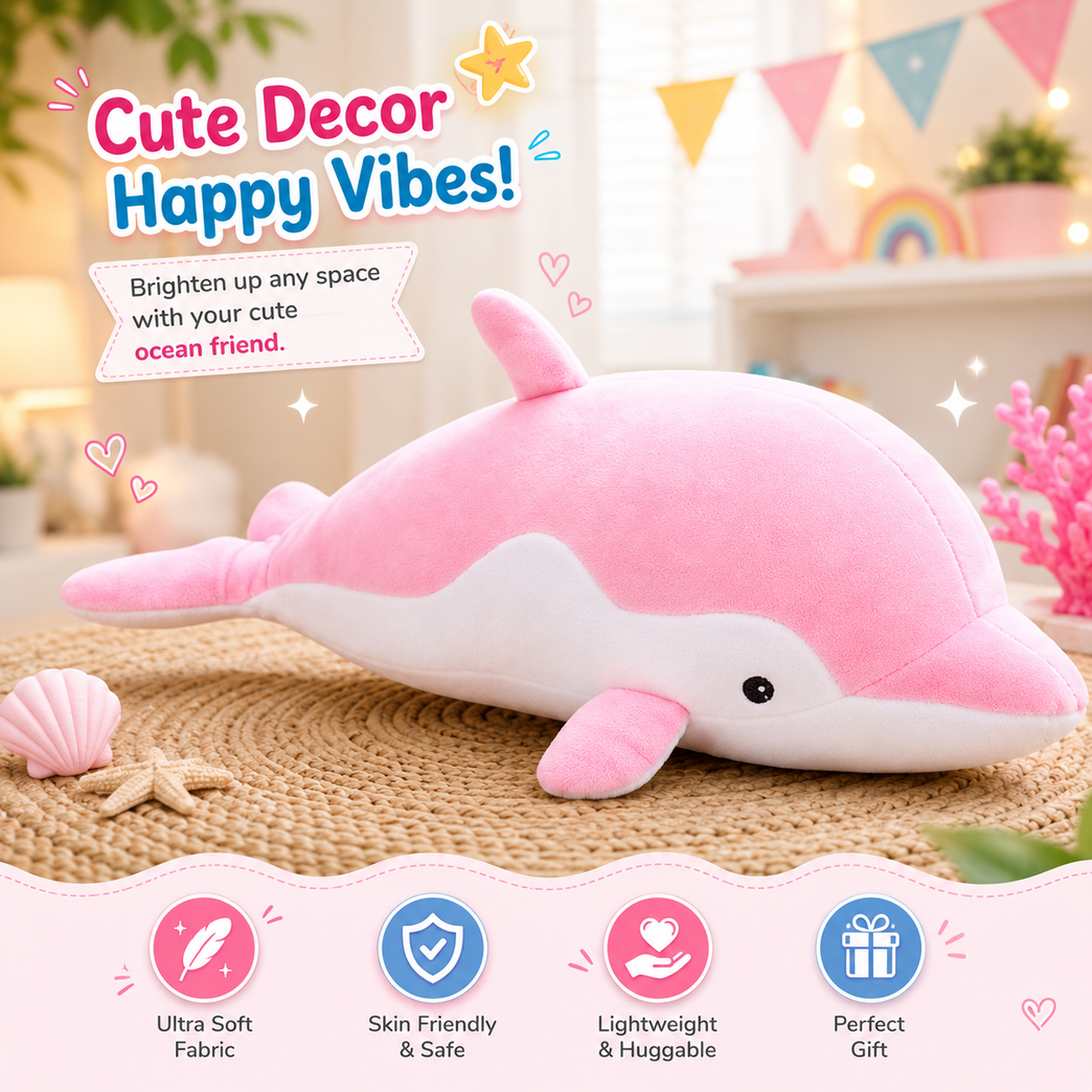 Nino’s Soft Pink Dolphin Plush Toy – Ultra-Cuddly Ocean Animal Stuffed Pillow for Kids