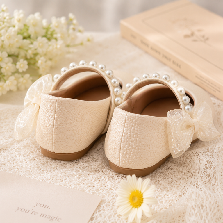 Girls' Cream Pearl Mary Jane Party Shoes with Organza Bow | Elegant Dress Shoes