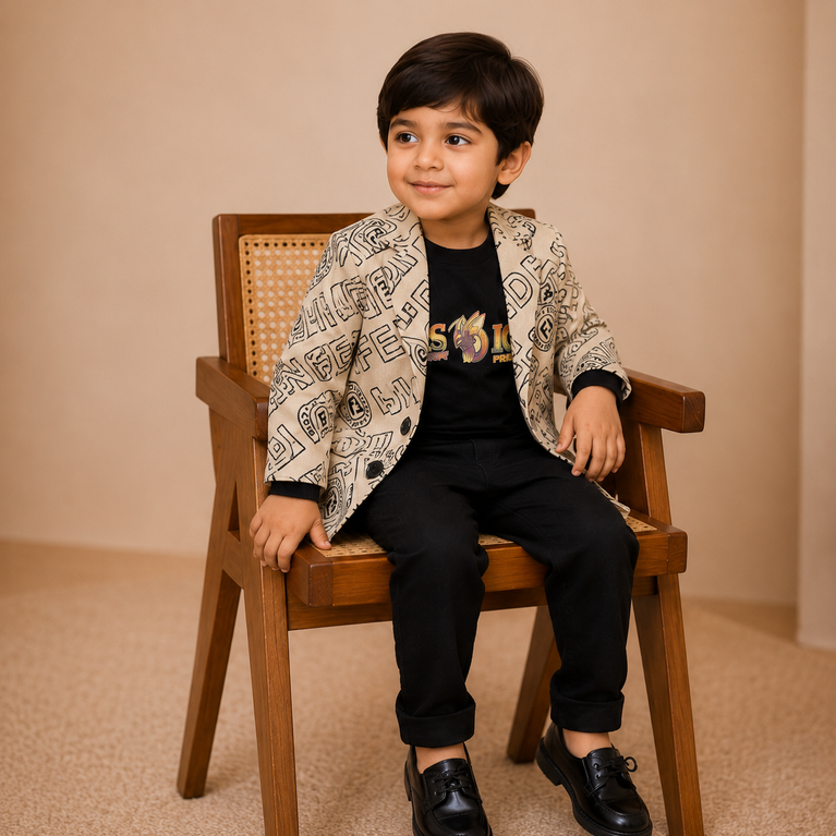 Printed Blazer with Black Graphic T-Shirt | Stylish Party Wear Set for Kids