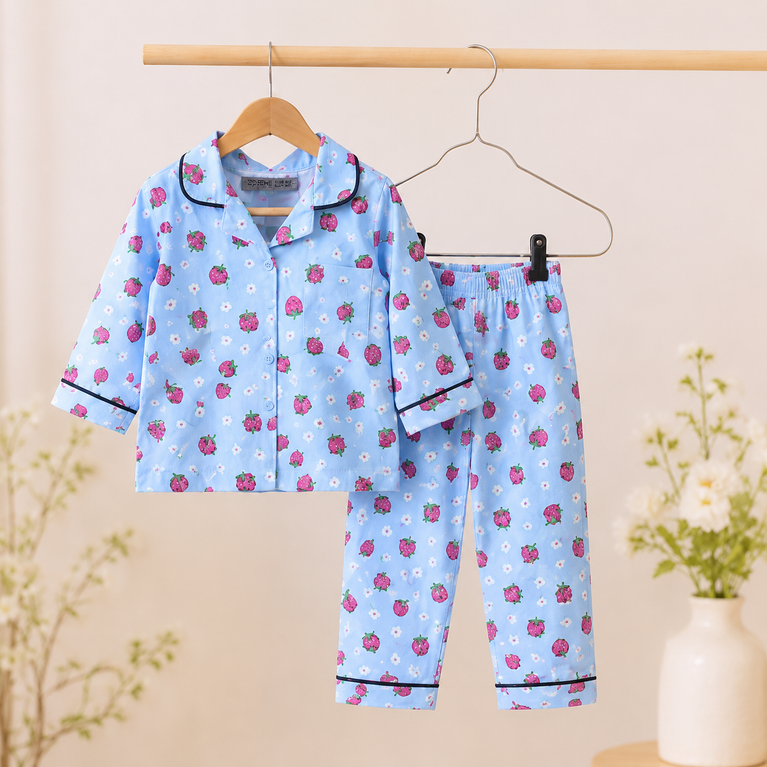 DOREME Girls Strawberry Print Cotton Night Suit Set | Soft Full Sleeve Kids Pyjama Set for Girls | Comfortable Sleepwear &amp; Loungewear