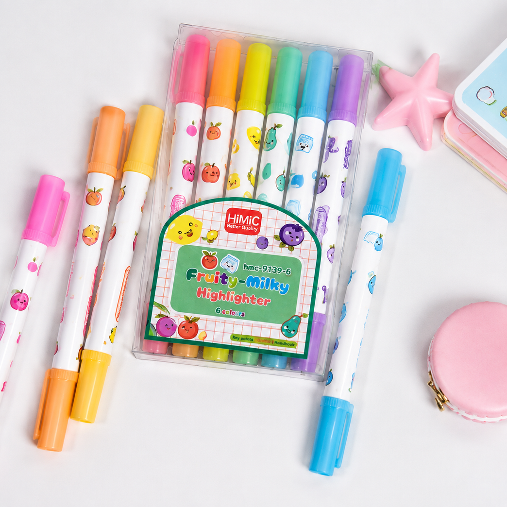 Fruity Milky Pastel Highlighter Set – 6 Colours | Cute Kids Stationery