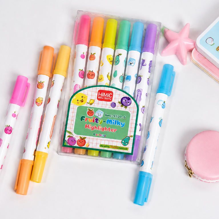 Fruity Milky Pastel Highlighter Set – 6 Colours | Cute Kids Stationery