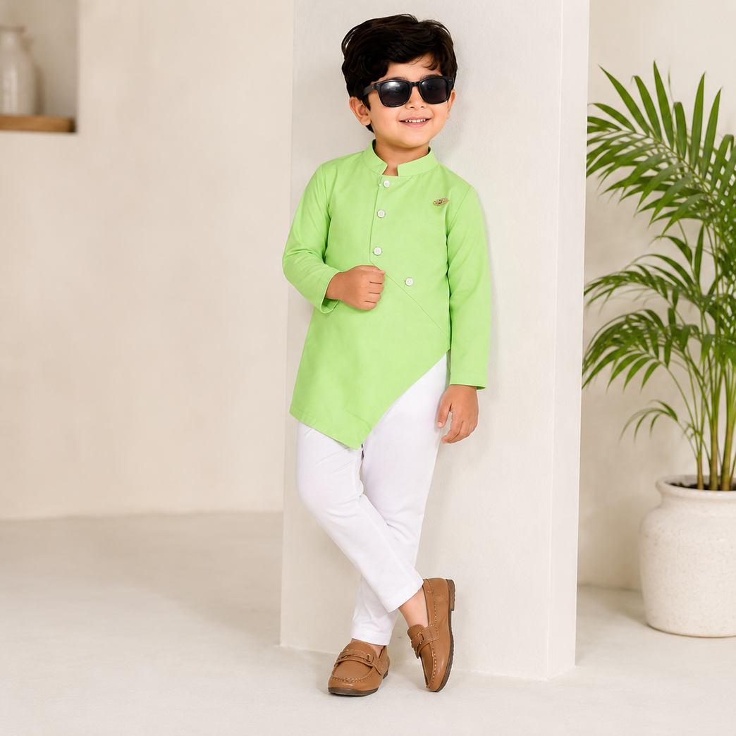 Ninos Boys Cotton Full Sleeves Festive Multidesign Party Kurta Pyjama Set- L Green