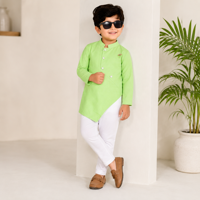 Ninos Boys Cotton Full Sleeves Festive Multidesign Party Kurta Pyjama Set- L Green
