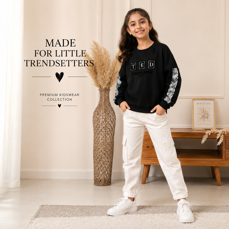 Girls Premium Black Sequin Sleeve Sweatshirt – Stylish Casual Winter Top for Kids