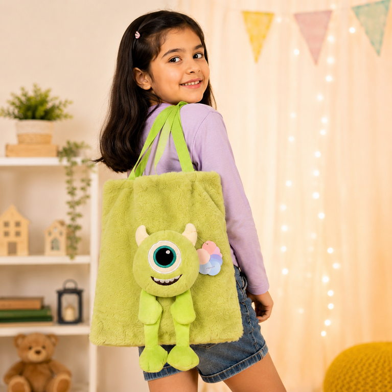 Plush Monster Tote Bag for Kids | Soft Furry Shoulder Bag with 3D Cartoon Plush Toy (Green)