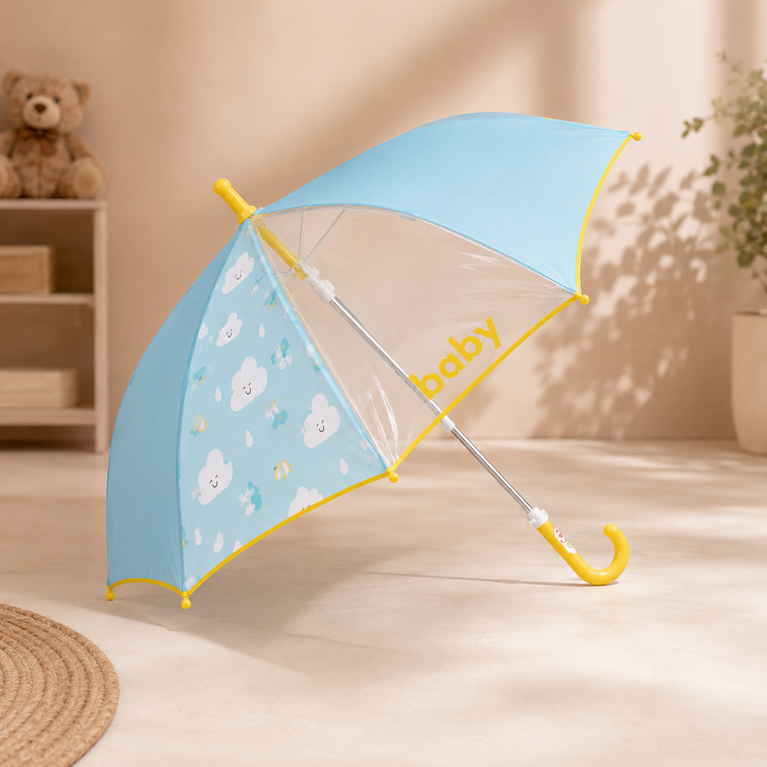 Kids Transparent Dome Umbrella with Cute Cloud Print | Blue &amp; Yellow Rain Umbrella