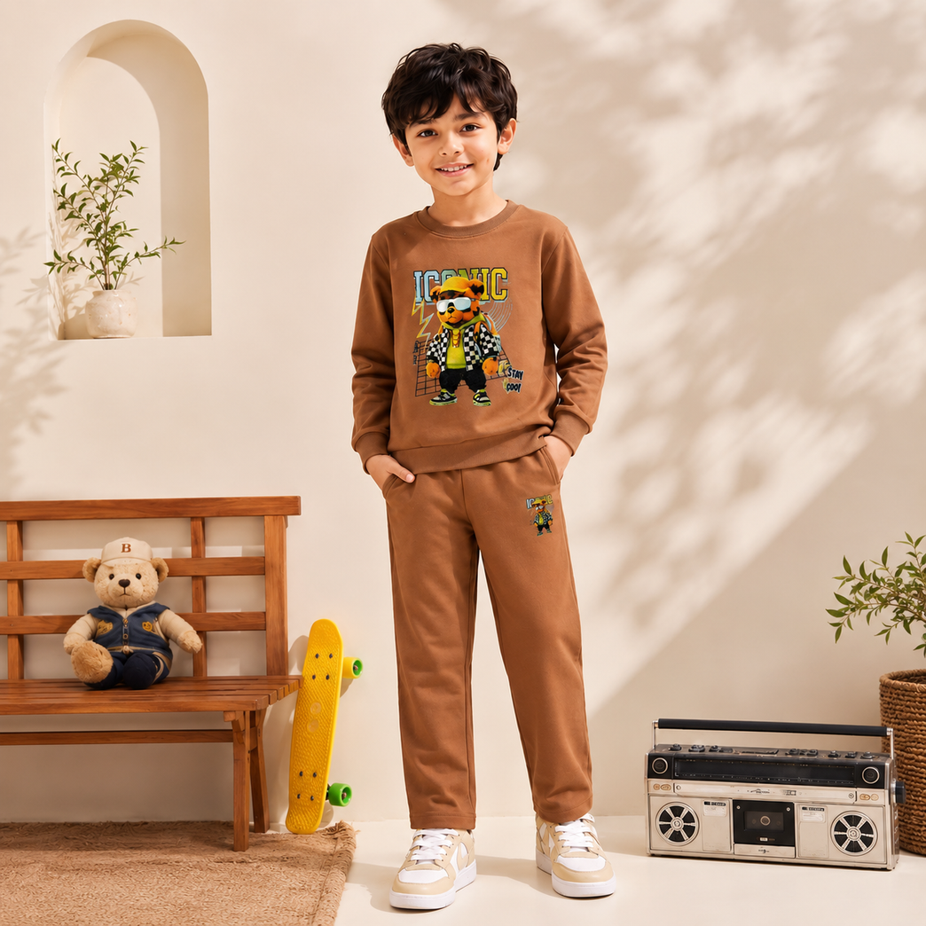 Cotton Lycra Co-Ord Clothing Set | Full Sleeve Graphic Sweatshirt & Jogger Pants | Soft Casual Winter Outfit for Boys