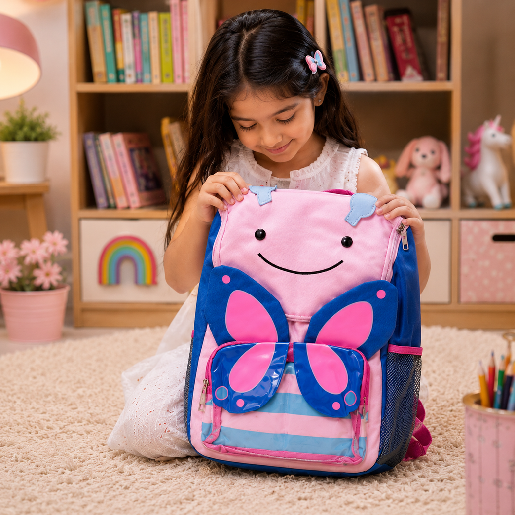Butterfly Design Kids School Backpack with 3D Wings &amp; Side Bottle Pocket | Pink &amp; Blue