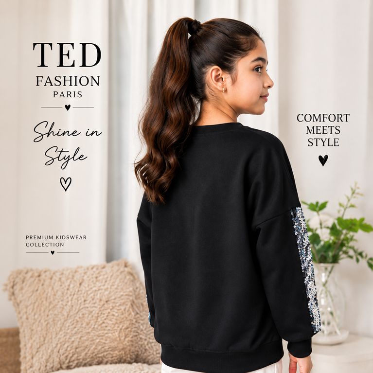 Girls Premium Black Sequin Sleeve Sweatshirt – Stylish Casual Winter Top for Kids