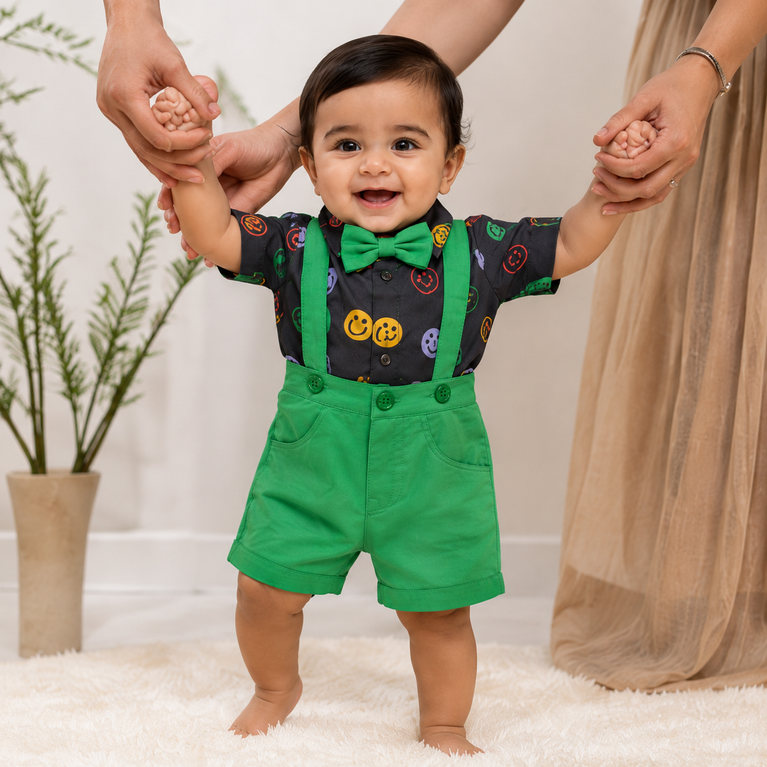 Smiley Print Boys Suspender Shorts Set with Bow Tie – Premium Kids Party Wear Outfit | Trendy Toddler Clothing
