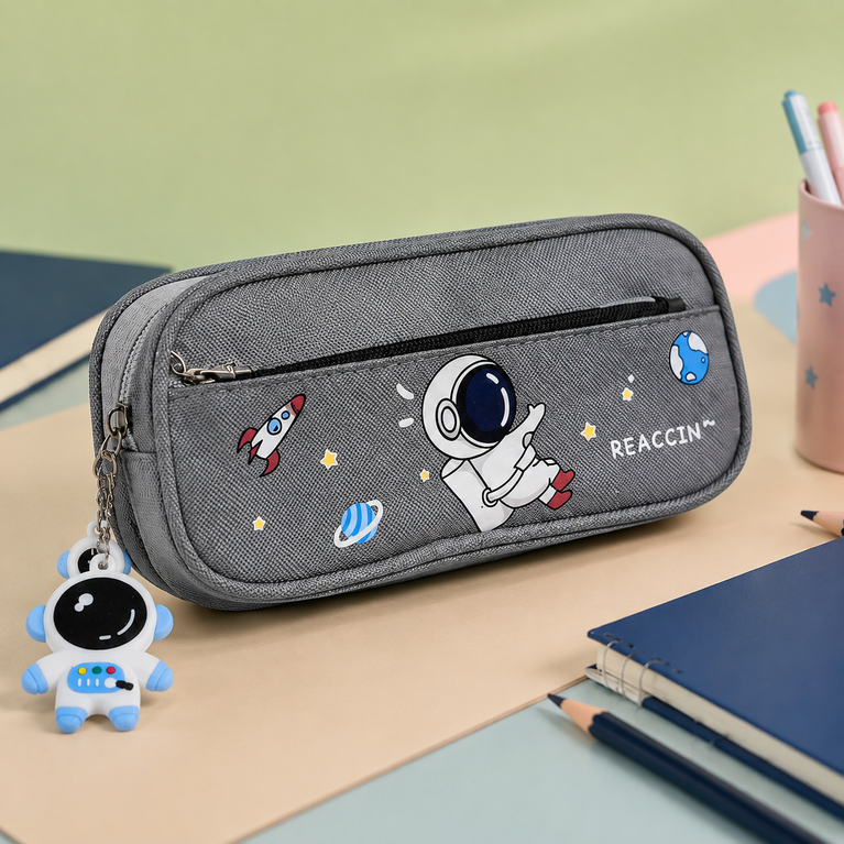 Space Explorer Astronaut Pencil Pouch with Cute Astronaut Charm – Grey