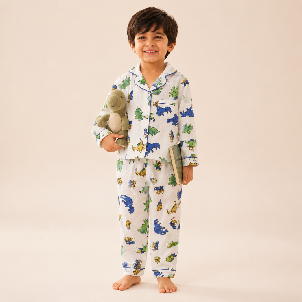 Dinosaur Print Cotton Night Suit Set with Full Sleeve Shirt &amp; Pajama | White