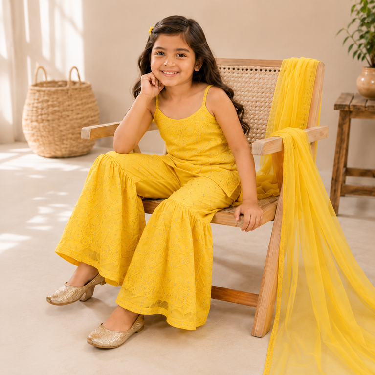 Embroidered Sharara Set with Soft Dupatta | Ethnic Party Wear | Festive Outfit for Kids