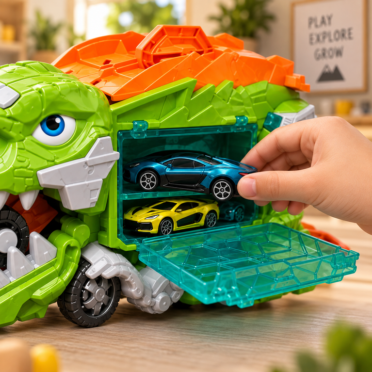 Dinosaur Car Carrier Toy with Mini Cars and Launch Track