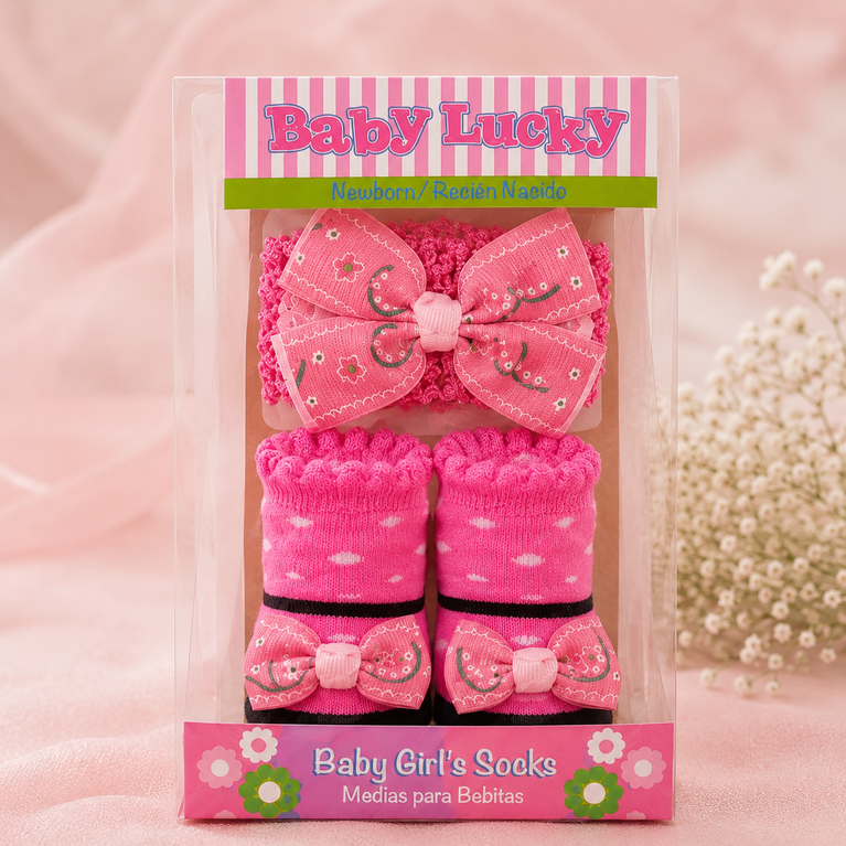 Baby Girls Pink Bow Socks with Matching Headband | Newborn Gift Set
