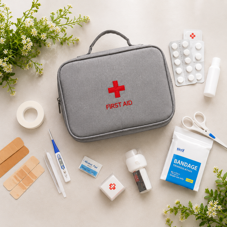 Portable First Aid Kit Empty Storage Bag | Waterproof Medical Organizer Case with Multiple Compartments | Travel, Home, Car &amp; Office Emergency Medicine Pouch (Grey/Blue)