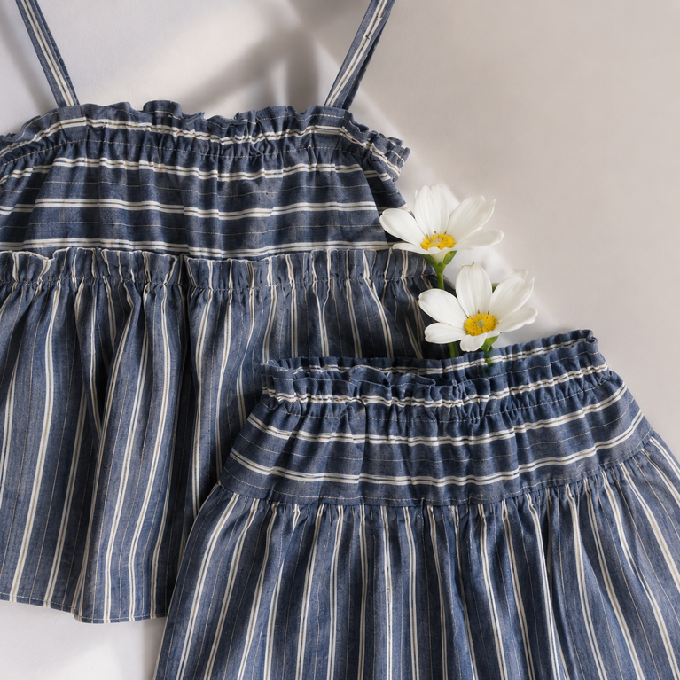 Girls Blue Striped Smocked Cami Top & Wide-Leg Palazzo Pants Co-Ord Set