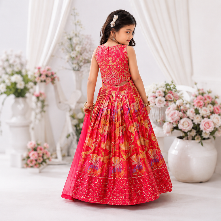 Girls Floral Printed Embroidered Lehenga Choli Set with Dupatta – Pink & Red Festive Ethnic Wear